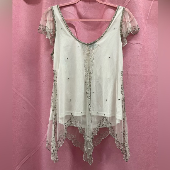 Scala Vintage Sequin Mesh Overlay V-Neck Top Sz M - Picture 3 of 7